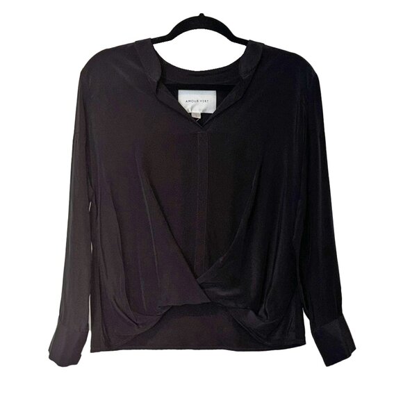 Amour Vert 100% Silk Black Long Sleeve V-Neck Blouse - Size S - Picture 2 of 5